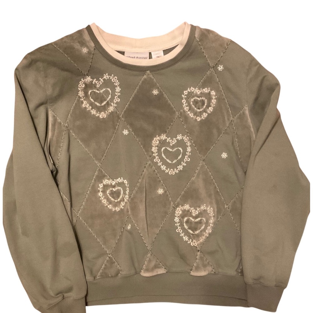 Alfred Dunner Sage Green Embroidered Heart Quilted Sweatshirt Petite XL PXL